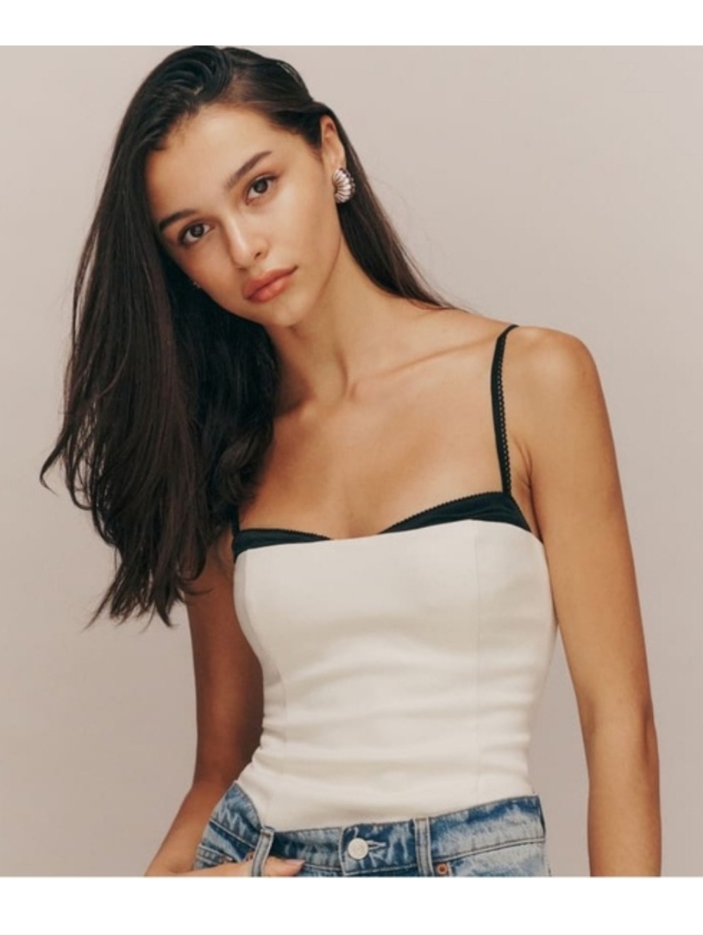 Reformation Melanie Top in Ivory Fitted White Bustier Tank with Black Trim